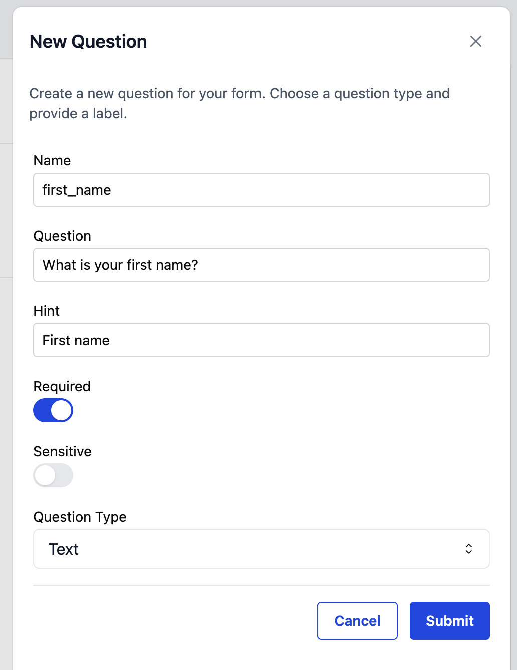 New Question dialog